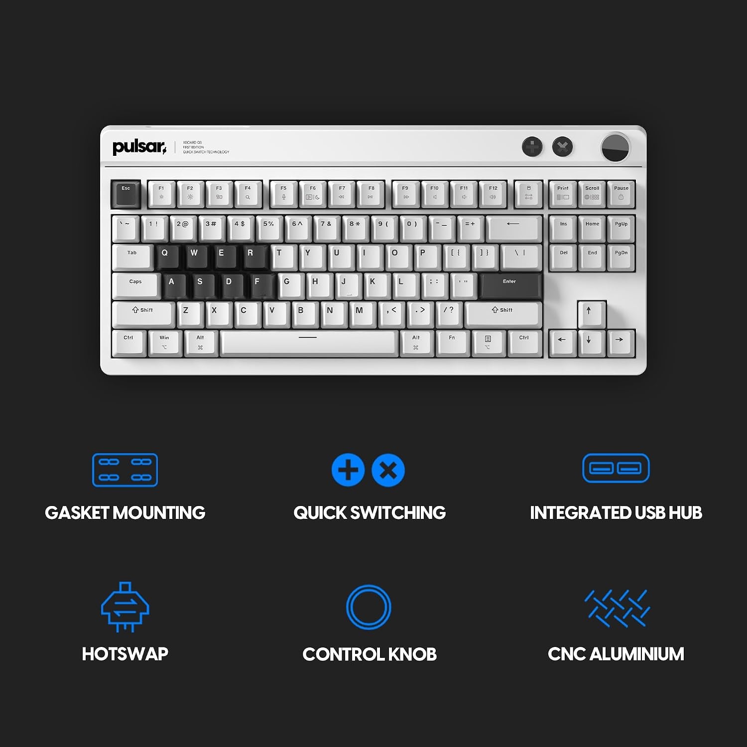 image:imagePulsar XBOARD QS Mechanical Gaming Keyboard QMKVIA Hot Swappable Linear Switch TKL Layout Gasket Mount Aluminum Frame RGB LED Backlit Knob Dual PC Quick Switch for MacWindows White Premium 88key tenkeyless mechanical gaming keyboard with Quick Switching Technology dual USBC computer connectionsWhite